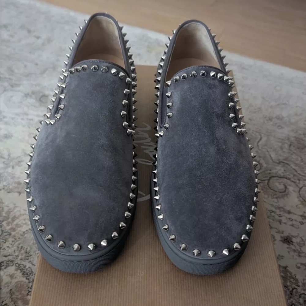 Christian Louboutin Gray Slip-On Loafers with Studded Detailing